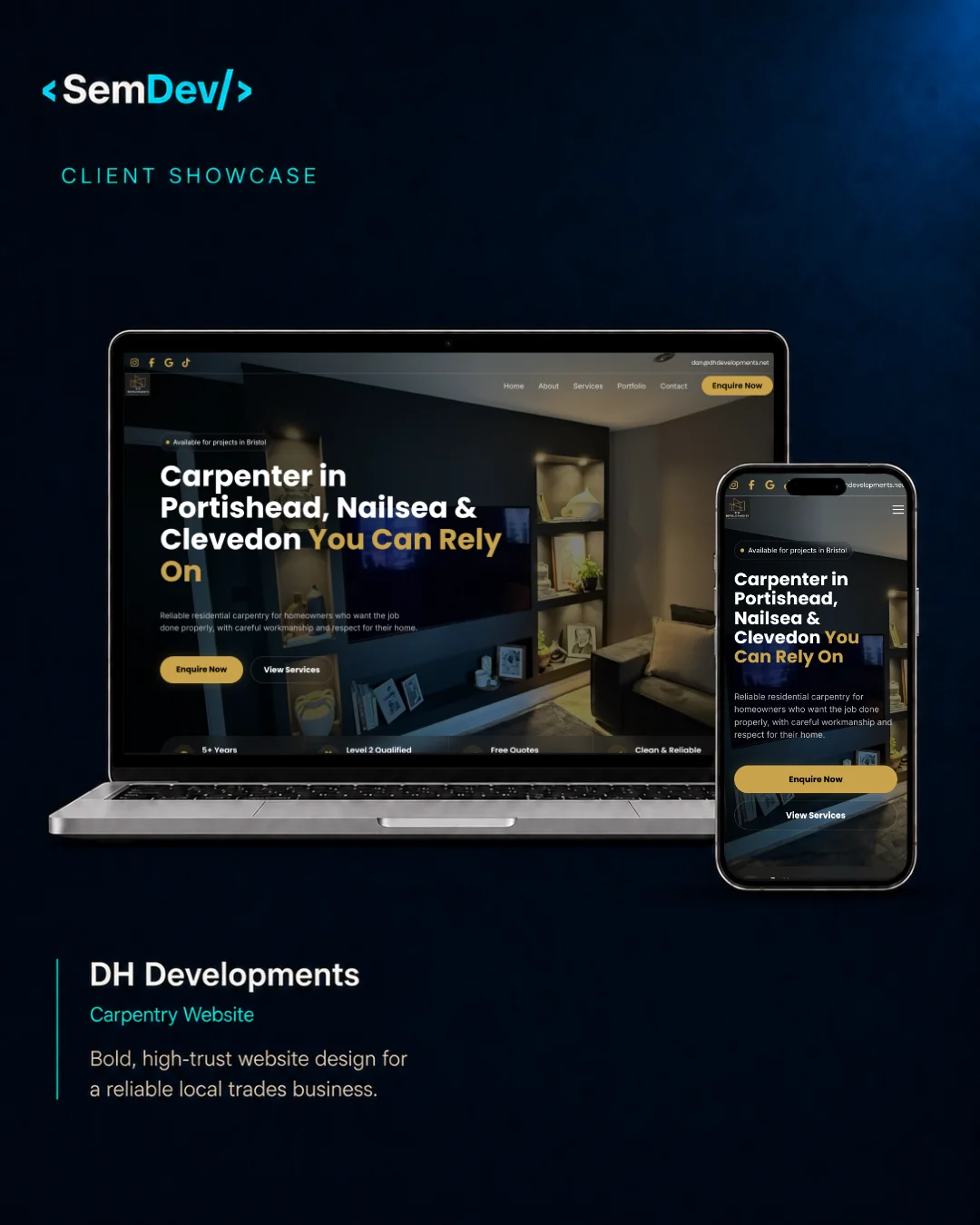Homepage preview of the DH Developments website