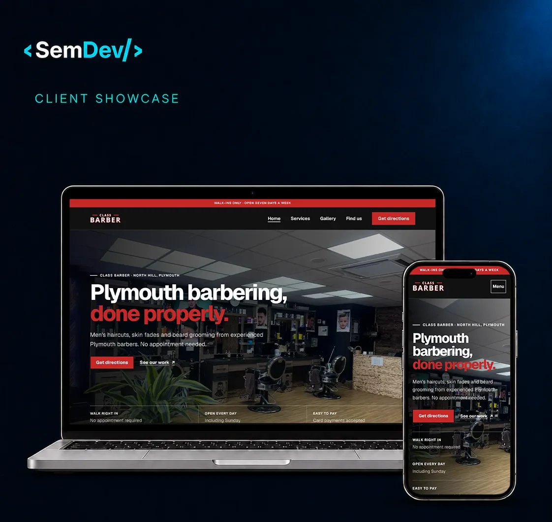 Class Barber website shown on desktop and mobile
