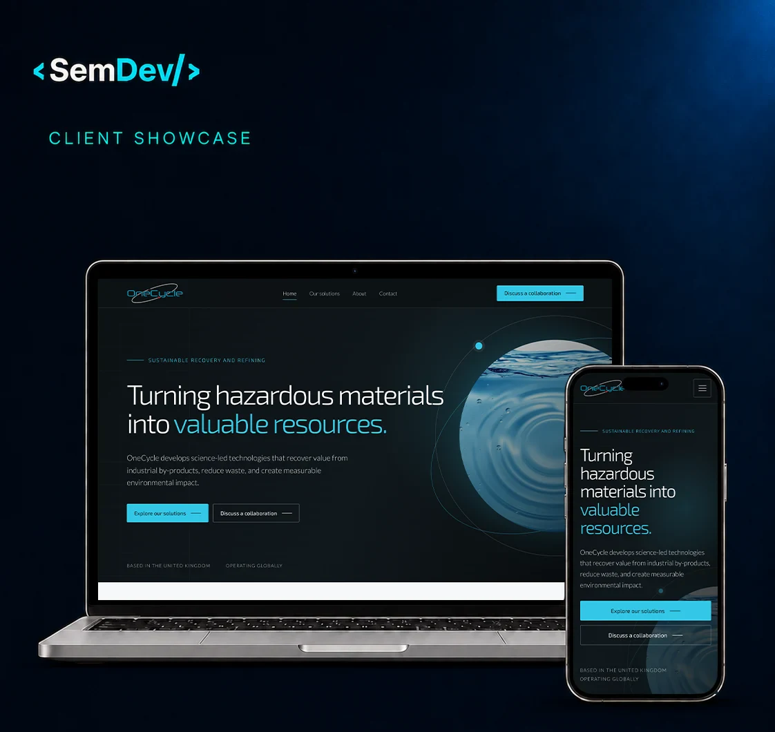 OneCycle clean technology website shown on desktop and mobile